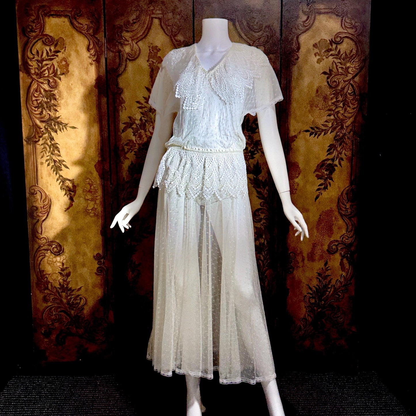 JESSICA MCCLINTOCK Vintage 1970s dress, Sheer White Net Blouson Peplum wedding dress Dress