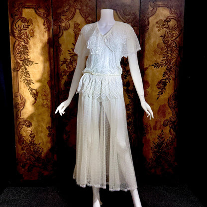 JESSICA MCCLINTOCK Vintage 1970s dress, Sheer White Net Blouson Peplum wedding dress Dress