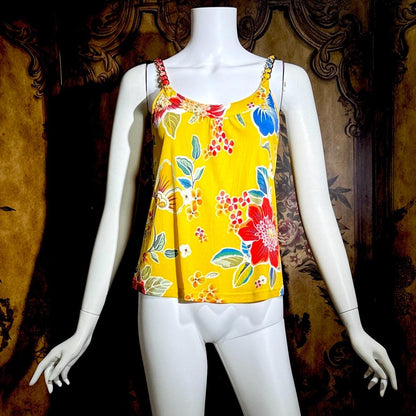 D&G Vintage Y2K Cami Top, DOLCE & GABBANA Yellow Floral Jersey Knit Tank Top Chain Straps