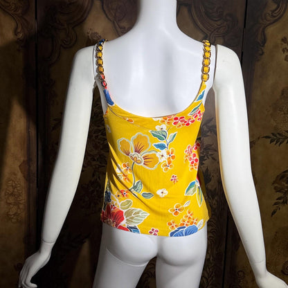 D&G Vintage Y2K Cami Top, DOLCE & GABBANA Yellow Floral Jersey Knit Tank Top Chain Straps