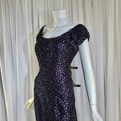 NETTIE ROSENSTEIN vintage 1950s cocktail dress, Purple velvet burnout evening wiggle dress