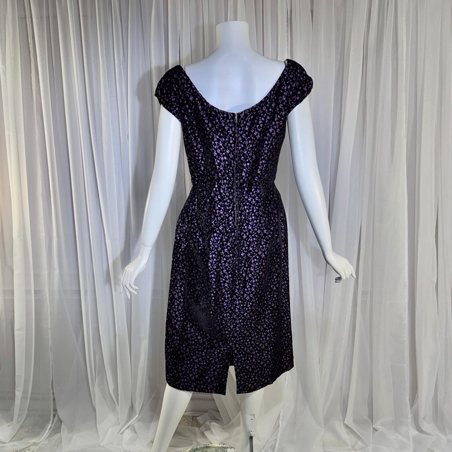 NETTIE ROSENSTEIN vintage 1950s cocktail dress, Purple velvet burnout evening wiggle dress