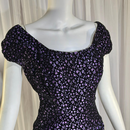 NETTIE ROSENSTEIN vintage 1950s cocktail dress, Purple velvet burnout evening wiggle dress