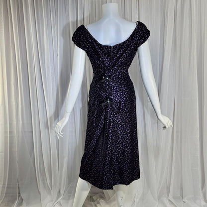 NETTIE ROSENSTEIN vintage 1950s cocktail dress, Purple velvet burnout evening wiggle dress