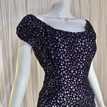 NETTIE ROSENSTEIN vintage 1950s cocktail dress, Purple velvet burnout evening wiggle dress