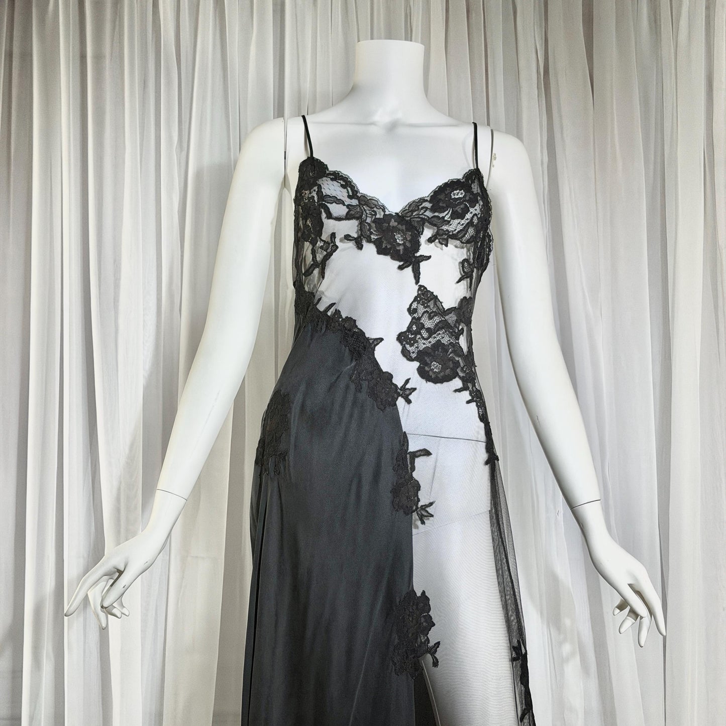 JACALYN BENNETT vintage silk nightgown slip dress, FREDERICK'S 1990s black silk and sheer mesh lingerie dress