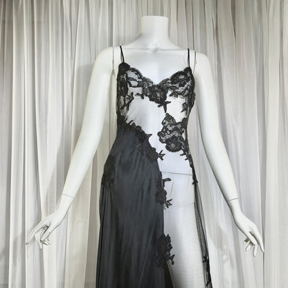 JACALYN BENNETT vintage silk nightgown slip dress, FREDERICK'S 1990s black silk and sheer mesh lingerie dress