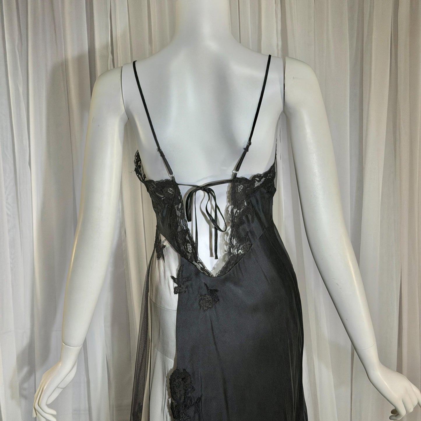 JACALYN BENNETT vintage silk nightgown slip dress, FREDERICK'S 1990s black silk and sheer mesh lingerie dress