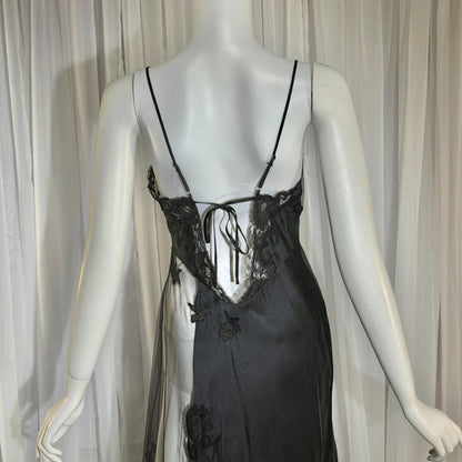 JACALYN BENNETT vintage silk nightgown slip dress, FREDERICK'S 1990s black silk and sheer mesh lingerie dress