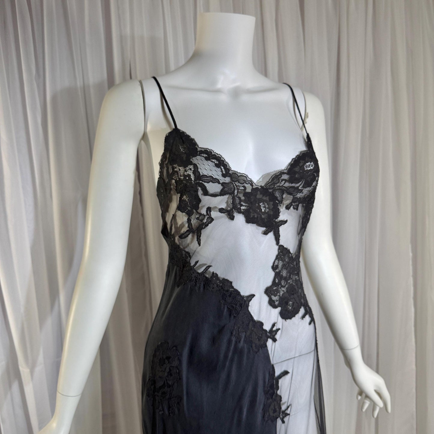 JACALYN BENNETT vintage silk nightgown slip dress, FREDERICK'S 1990s black silk and sheer mesh lingerie dress