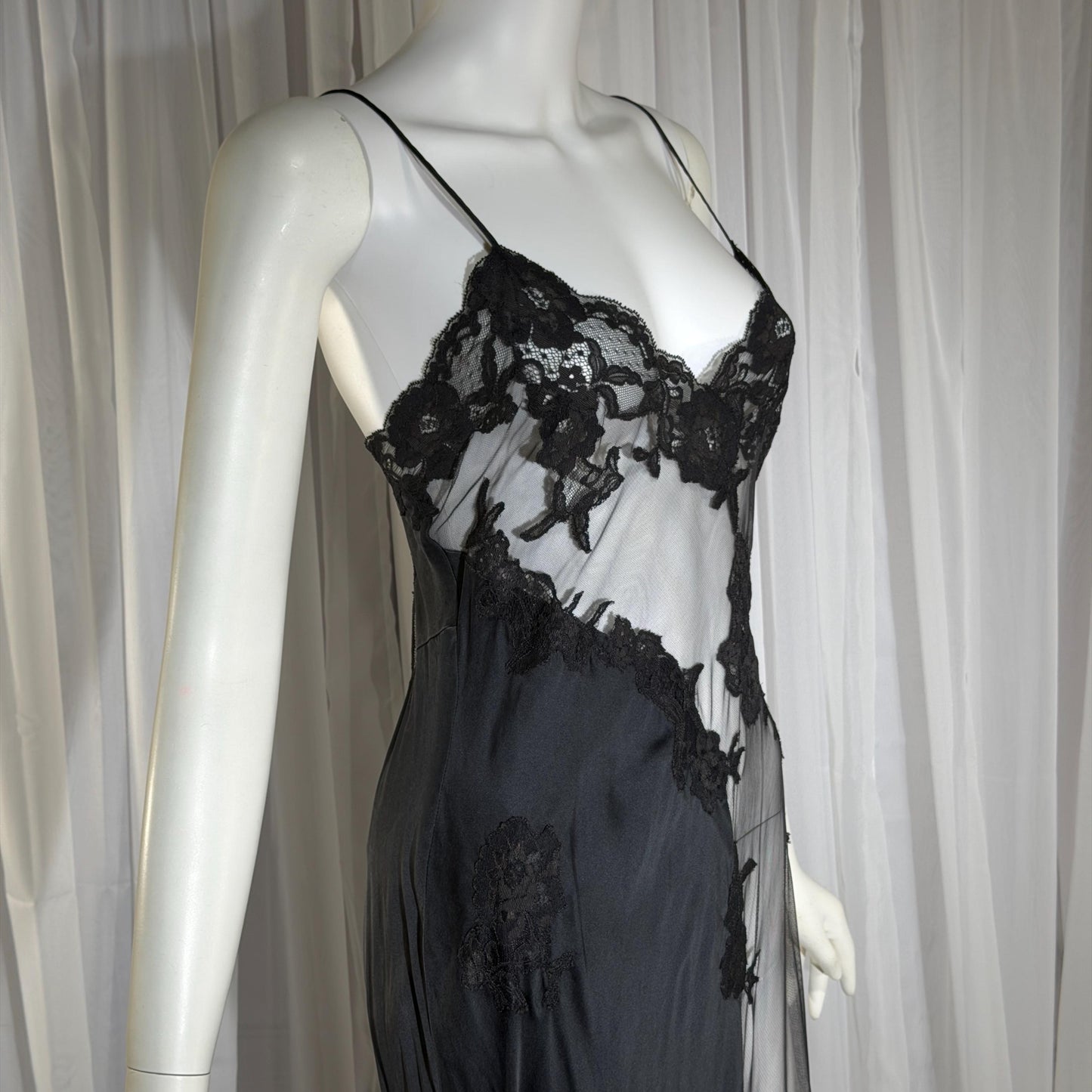 JACALYN BENNETT vintage silk nightgown slip dress, FREDERICK'S 1990s black silk and sheer mesh lingerie dress