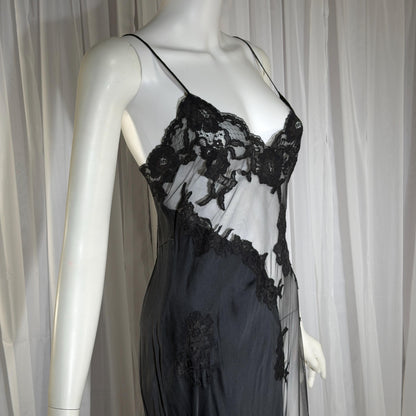 JACALYN BENNETT vintage silk nightgown slip dress, FREDERICK'S 1990s black silk and sheer mesh lingerie dress