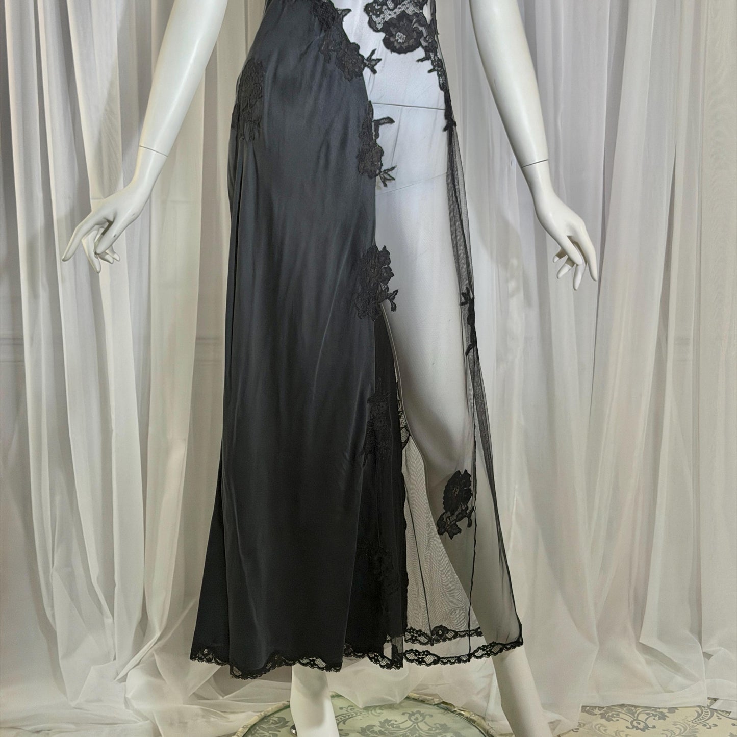 JACALYN BENNETT vintage silk nightgown slip dress, FREDERICK'S 1990s black silk and sheer mesh lingerie dress