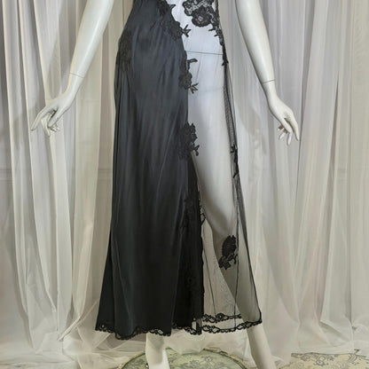 JACALYN BENNETT vintage silk nightgown slip dress, FREDERICK'S 1990s black silk and sheer mesh lingerie dress