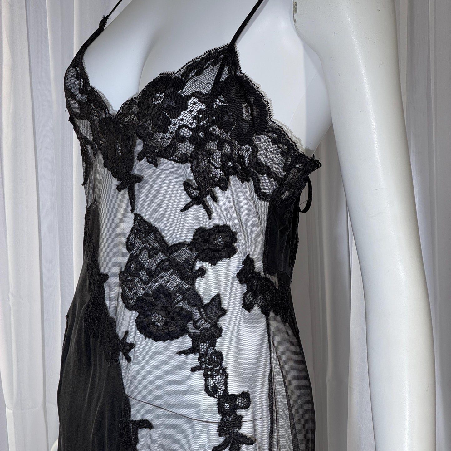 JACALYN BENNETT vintage silk nightgown slip dress, FREDERICK'S 1990s black silk and sheer mesh lingerie dress