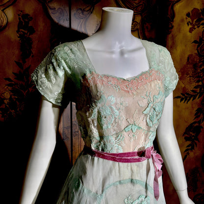 1930s Vintage Evening dress gown, Green Pink Organza Lace gown, Large