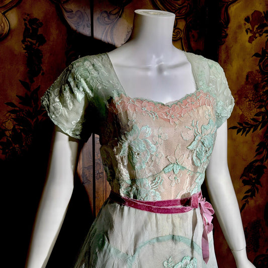 1930s Vintage Evening dress gown, Green Pink Organza Lace gown, Large