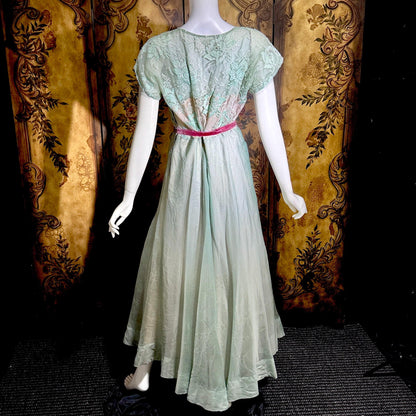 1930s Vintage Evening dress gown, Green Pink Organza Lace gown, Large