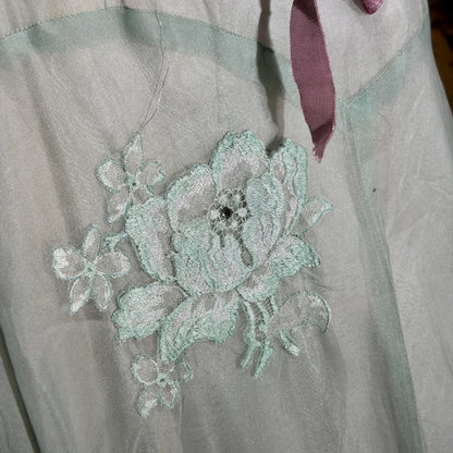 1930s Vintage Evening dress gown, Green Pink Organza Lace gown, Large