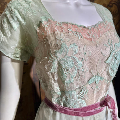 1930s Vintage Evening dress gown, Green Pink Organza Lace gown, Large