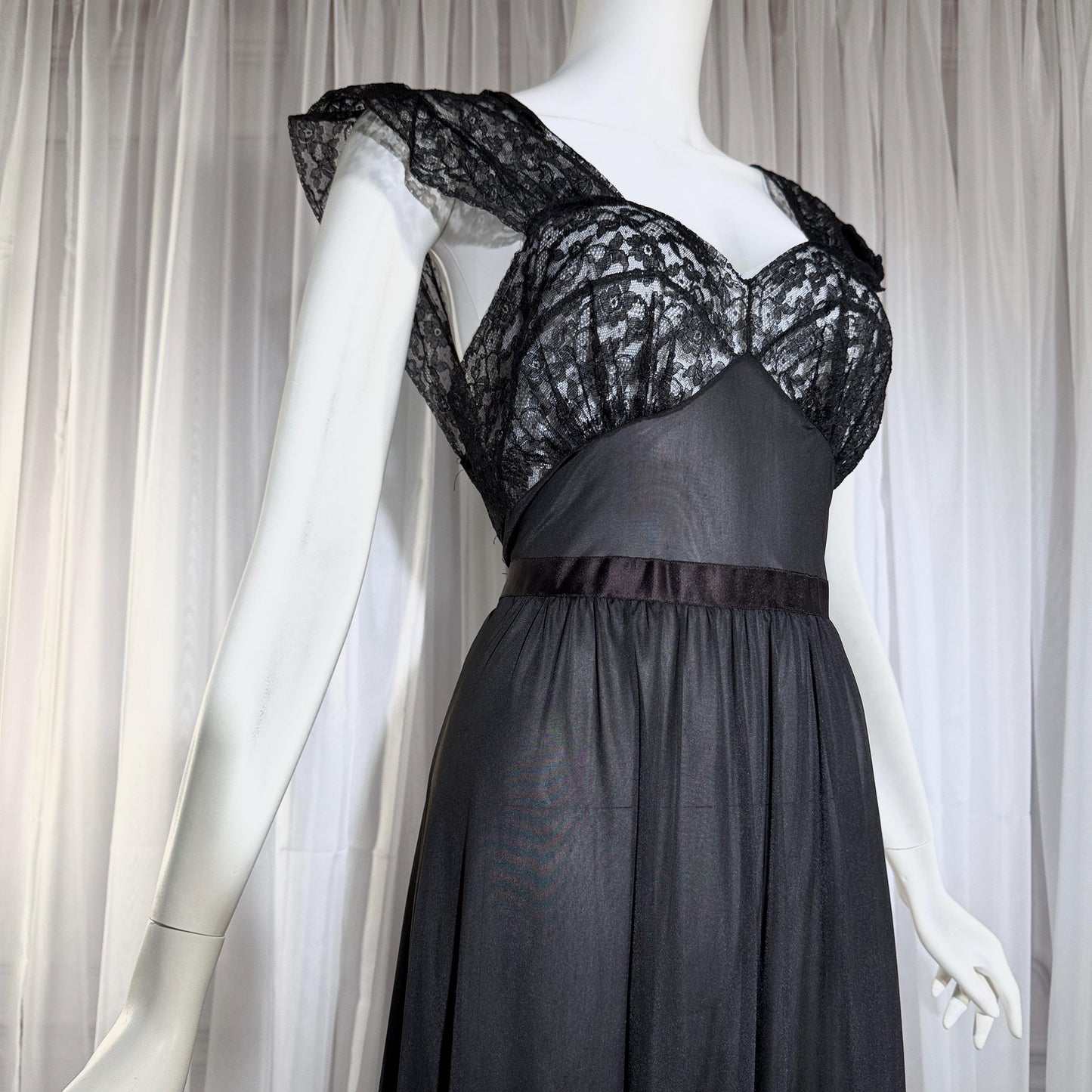 1940s vintage nightgown slip dress, AMERICAN MAID sheer black long lingerie dress, medium