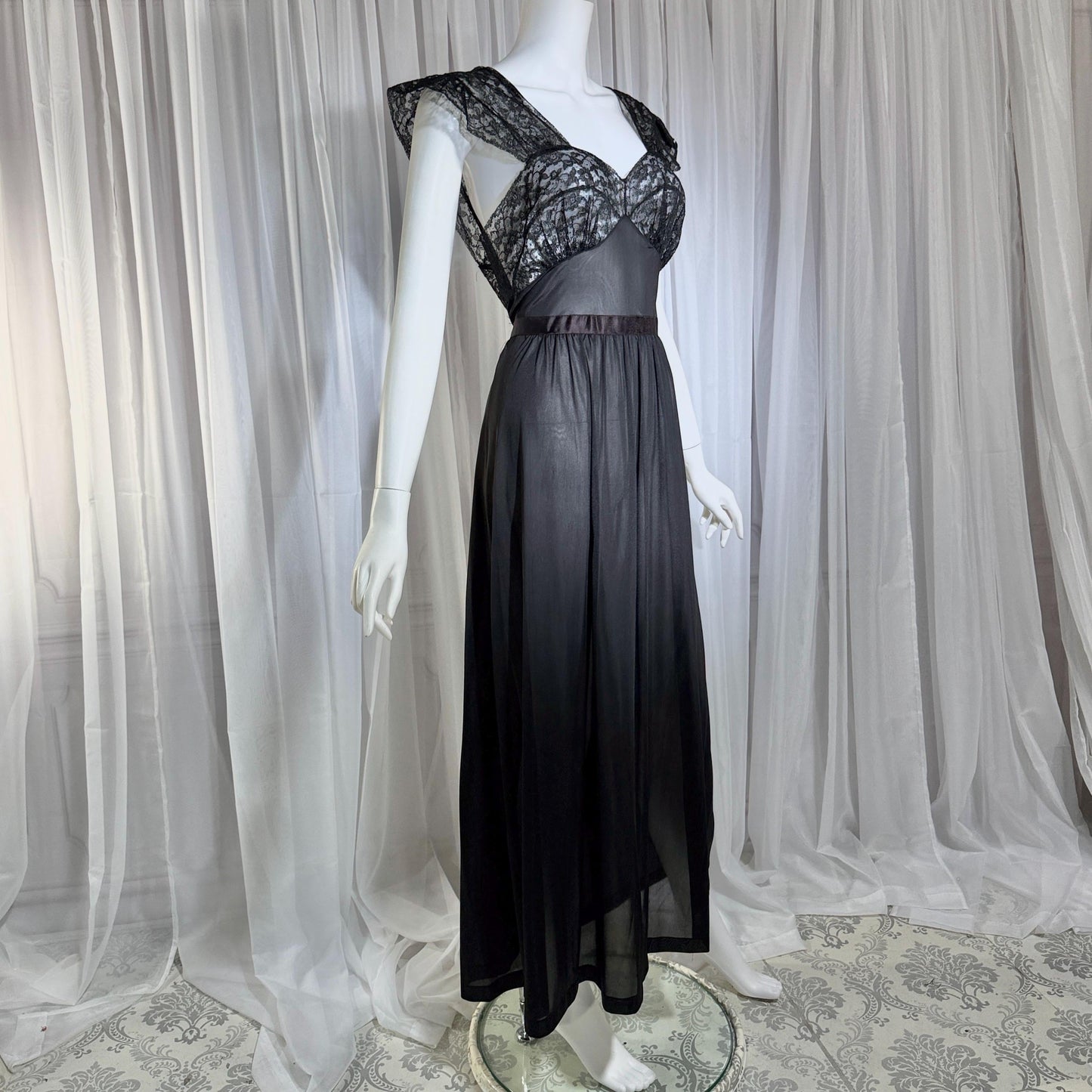 1940s vintage nightgown slip dress, AMERICAN MAID sheer black long lingerie dress, medium
