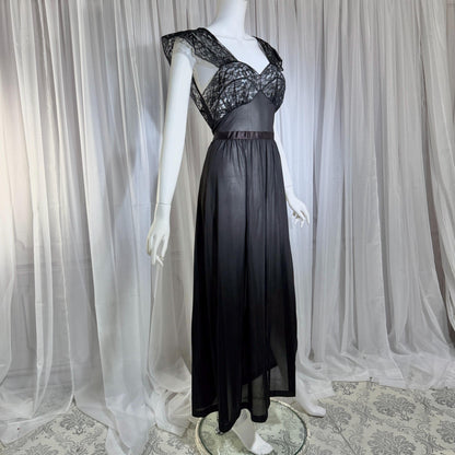 1940s vintage nightgown slip dress, AMERICAN MAID sheer black long lingerie dress, medium