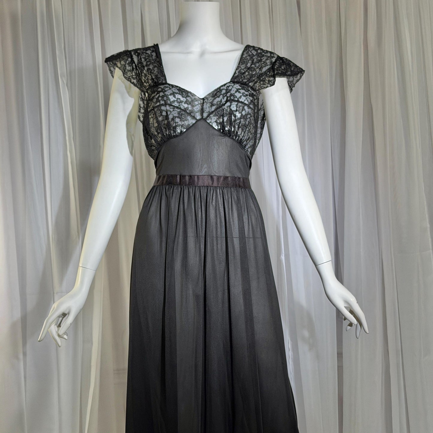 1940s vintage nightgown slip dress, AMERICAN MAID sheer black long lingerie dress, medium