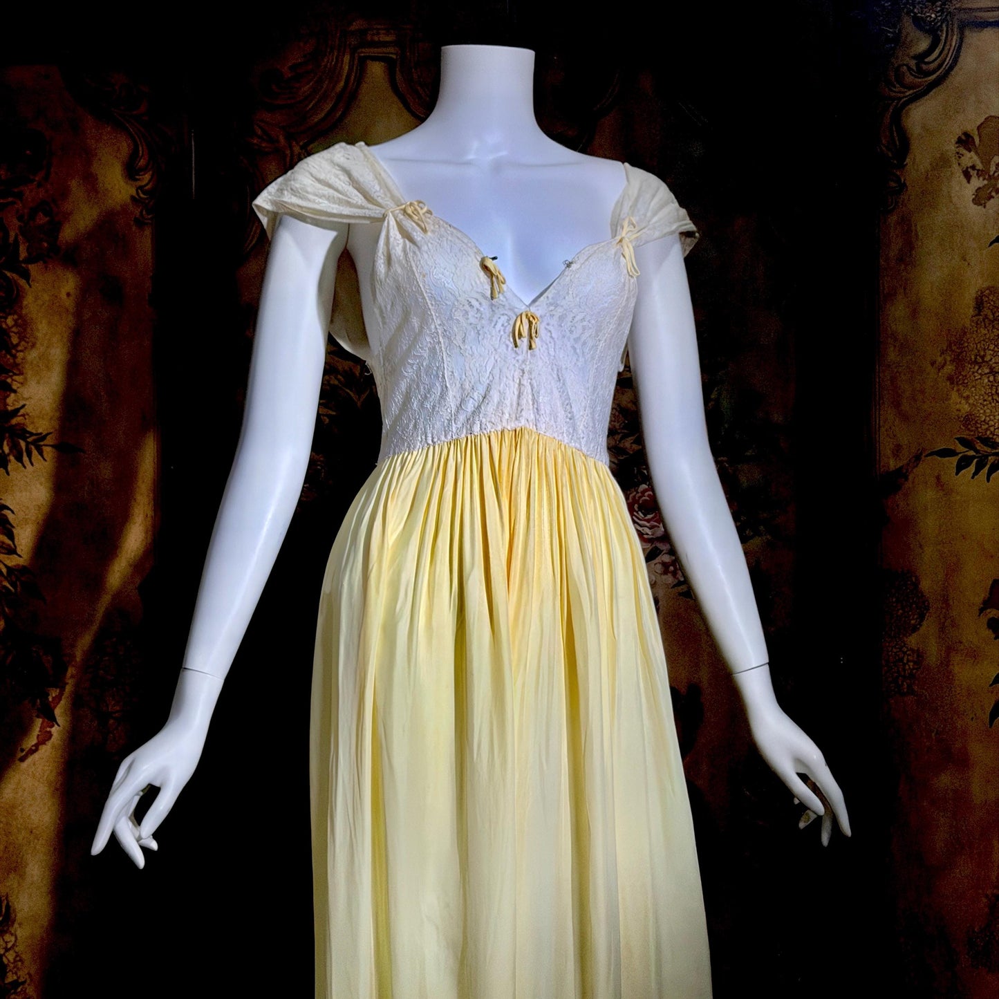 1940s Vintage Nightgown Slip dress, White Yellow Rayon lingerie dress