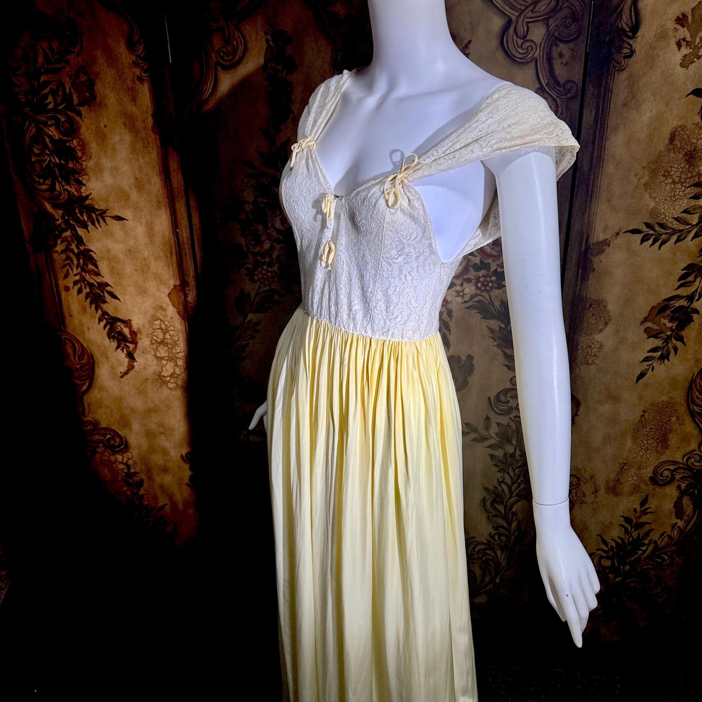 1940s Vintage Nightgown Slip dress, White Yellow Rayon lingerie dress