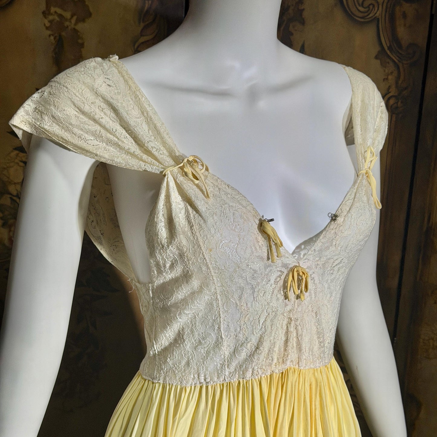 1940s Vintage Nightgown Slip dress, White Yellow Rayon lingerie dress