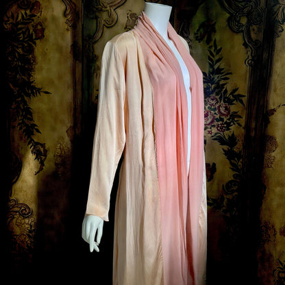 FERNANDO SANCHEZ Vintage dressing gown robe, Peach Pink Silk wrap house coat, Large