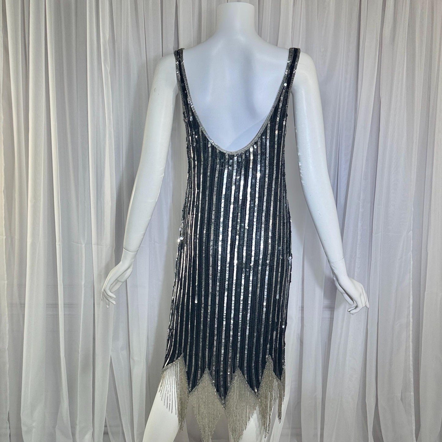 LILLIE RUBIN vintage evening cocktail dress, 1980s Black & Silver sequin disco fringe flapper slip dress