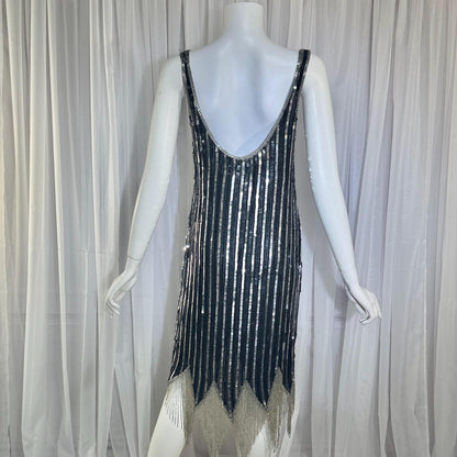 LILLIE RUBIN vintage evening cocktail dress, 1980s Black & Silver sequin disco fringe flapper slip dress