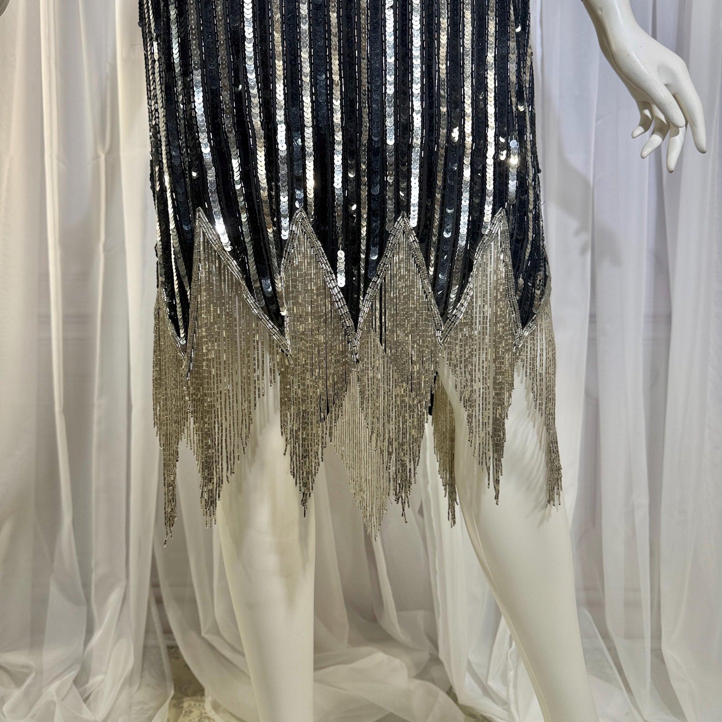 LILLIE RUBIN vintage evening cocktail dress, 1980s Black & Silver sequin disco fringe flapper slip dress