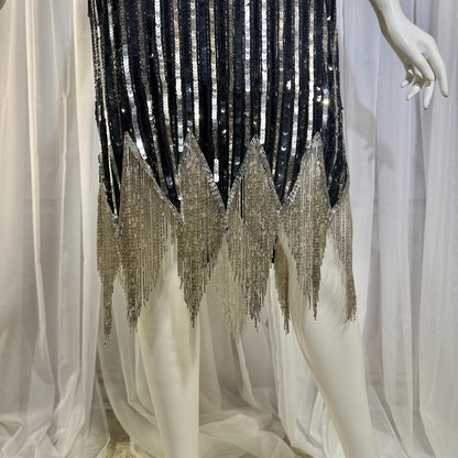 LILLIE RUBIN vintage evening cocktail dress, 1980s Black & Silver sequin disco fringe flapper slip dress