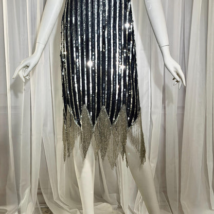 LILLIE RUBIN vintage evening cocktail dress, 1980s Black & Silver sequin disco fringe flapper slip dress