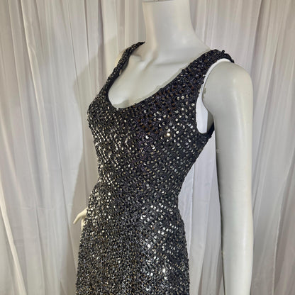 FRANKLIN SIMON Vintage evening dress gown, 1960s black silver sequin flared tank gown Medium
