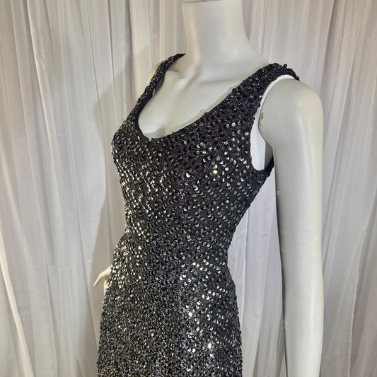 FRANKLIN SIMON Vintage evening dress gown, 1960s black silver sequin flared tank gown Medium