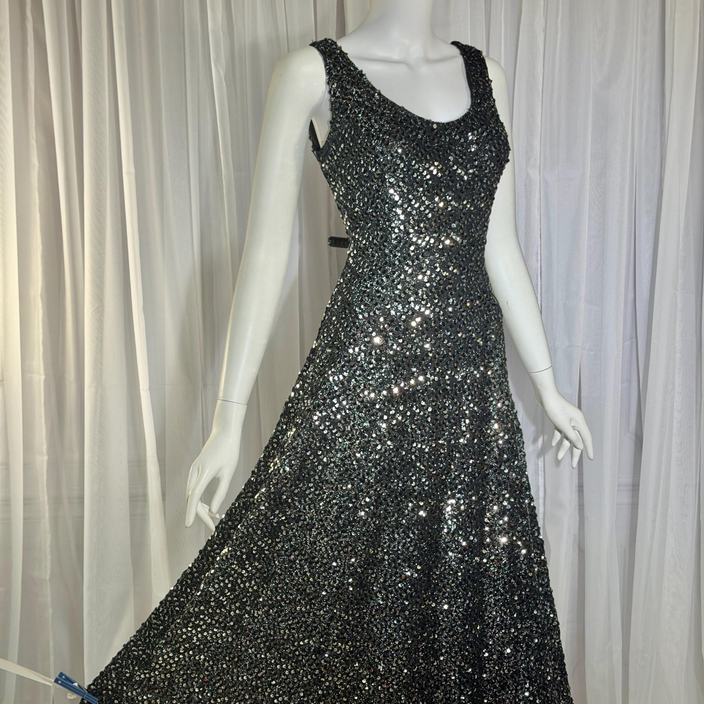 FRANKLIN SIMON Vintage evening dress gown, 1960s black silver sequin flared tank gown Medium