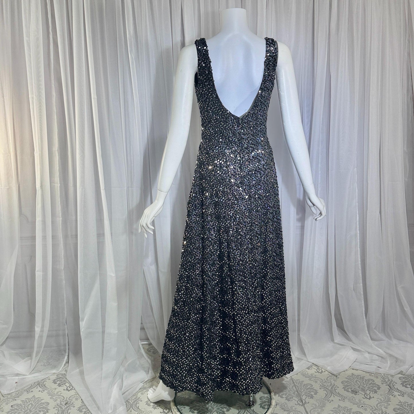 FRANKLIN SIMON Vintage evening dress gown, 1960s black silver sequin flared tank gown Medium