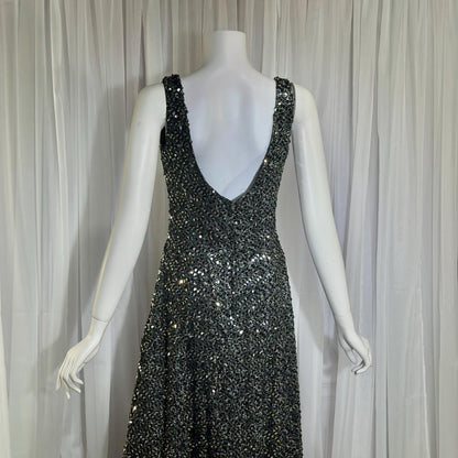 FRANKLIN SIMON Vintage evening dress gown, 1960s black silver sequin flared tank gown Medium