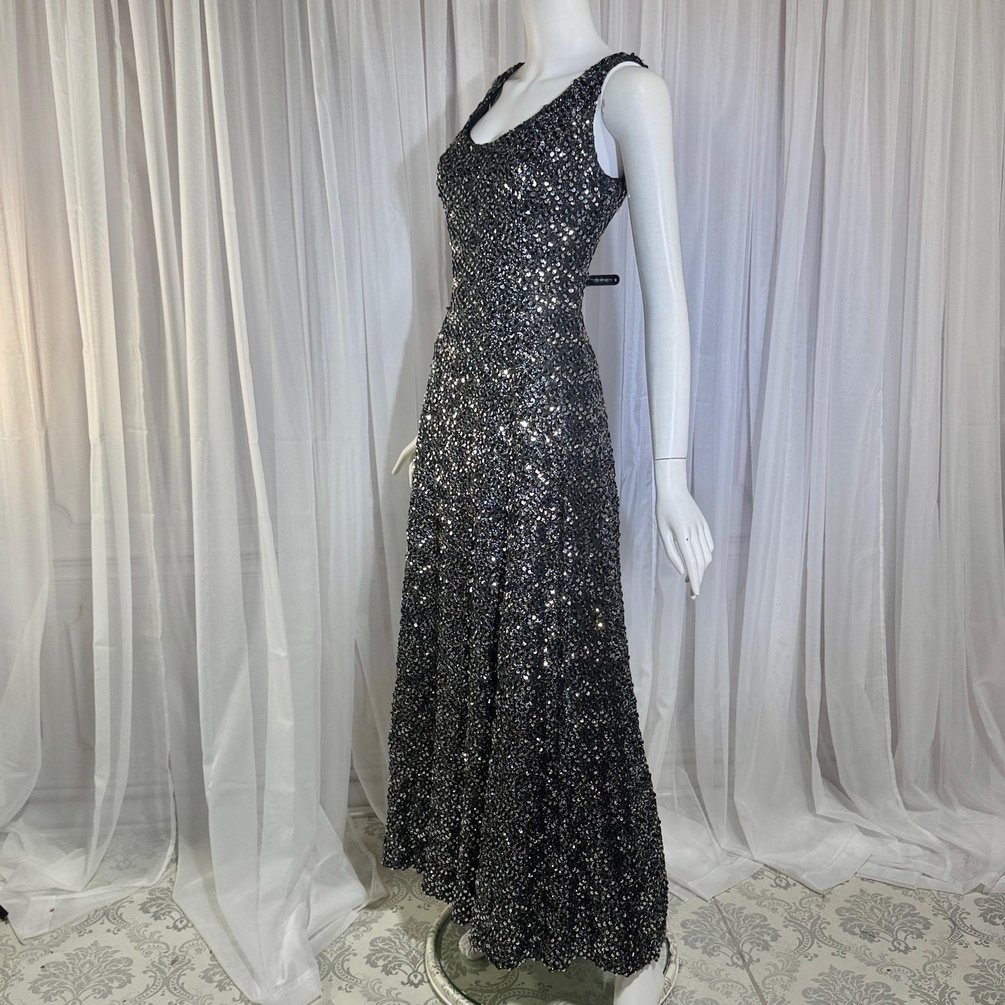 FRANKLIN SIMON Vintage evening dress gown, 1960s black silver sequin flared tank gown Medium