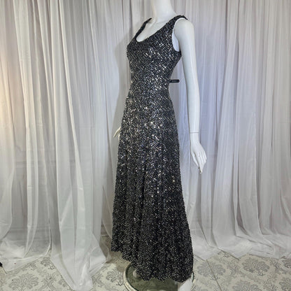 FRANKLIN SIMON Vintage evening dress gown, 1960s black silver sequin flared tank gown Medium