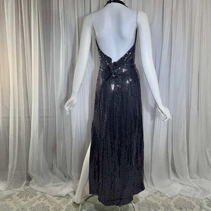 MARSHALL ROUSSO Vintage 1970s evening dress, black sequin disco halter gown, studio 54 disco