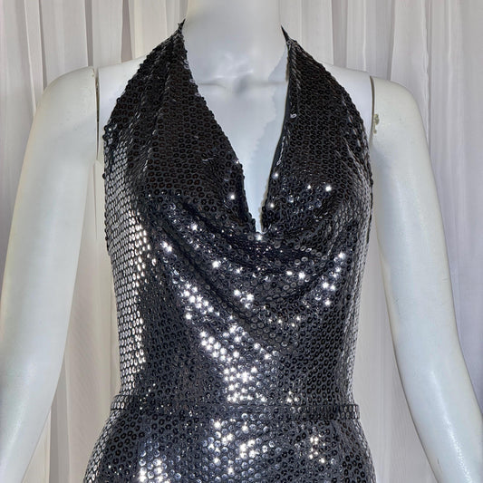 MARSHALL ROUSSO Vintage 1970s evening dress, black sequin disco halter gown, studio 54 disco