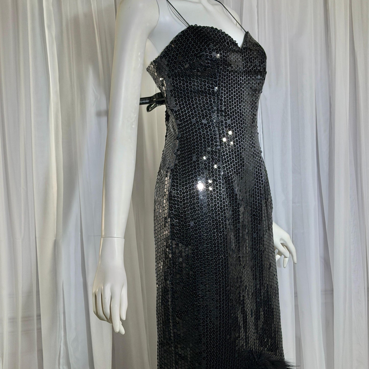 LILLIE RUBIN vintage evening dress gown, 1980s Black Sequin Feather Trim slip gown