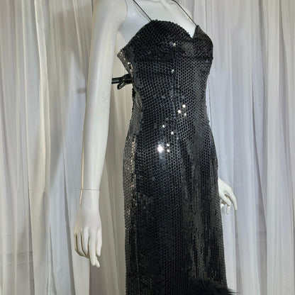 LILLIE RUBIN vintage evening dress gown, 1980s Black Sequin Feather Trim slip gown