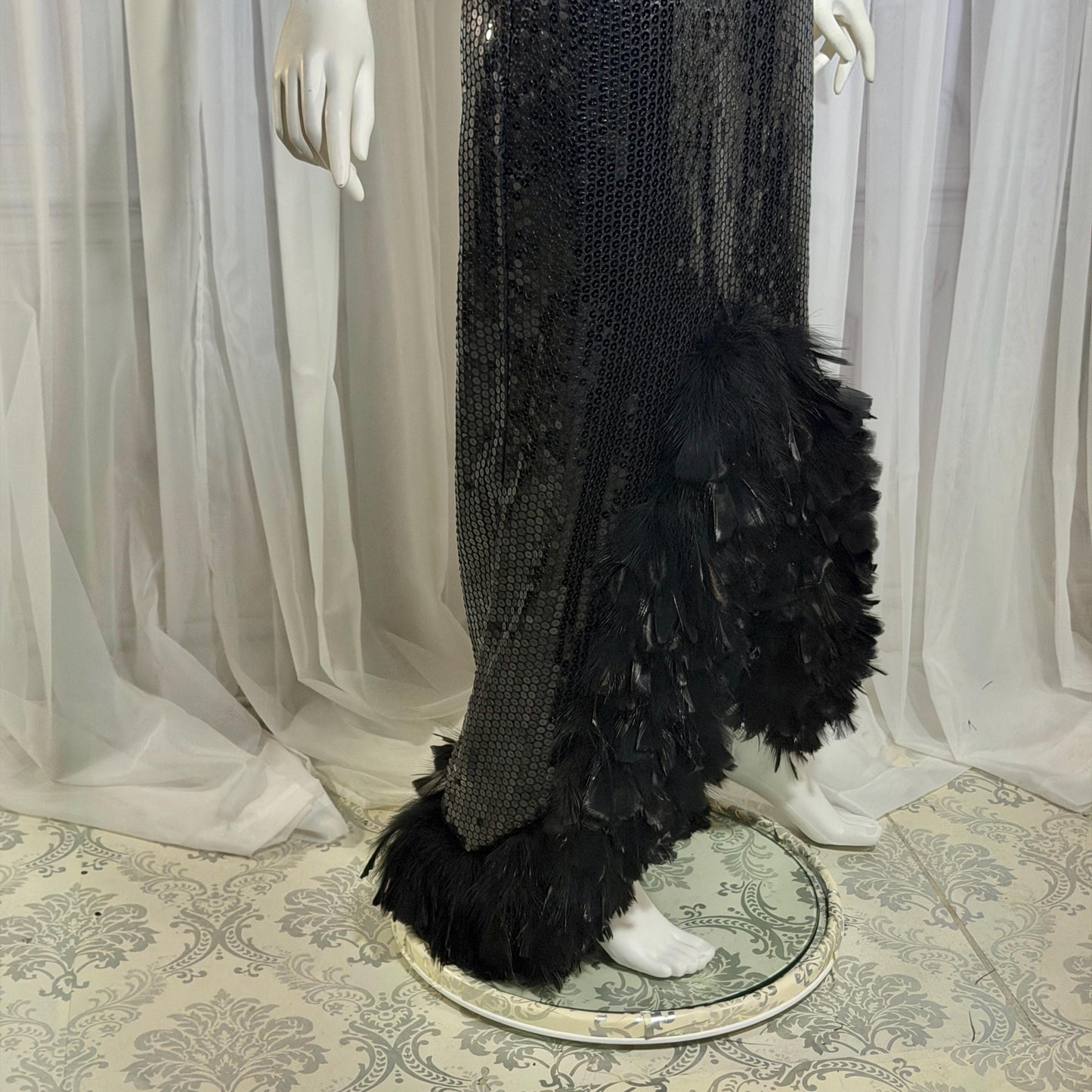 LILLIE RUBIN vintage evening dress gown, 1980s Black Sequin Feather Trim slip gown