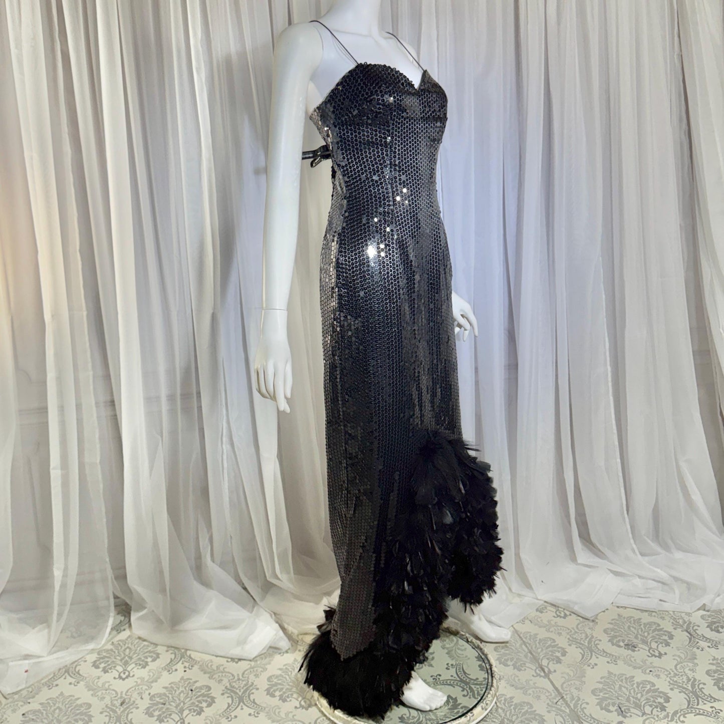 LILLIE RUBIN vintage evening dress gown, 1980s Black Sequin Feather Trim slip gown